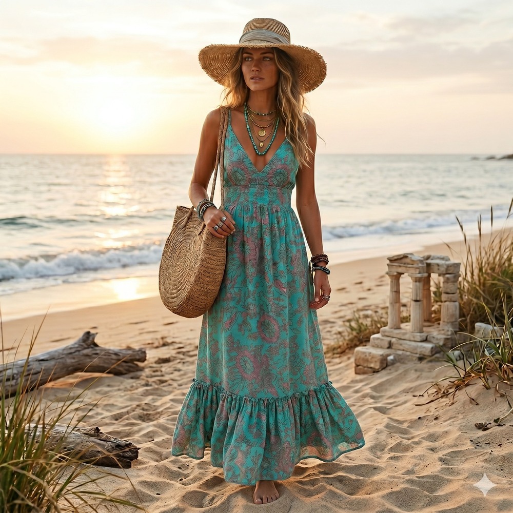 RAGA Turquoise Floral Smocked Maxi Dress Medium Boho Summer Beach NWT $245